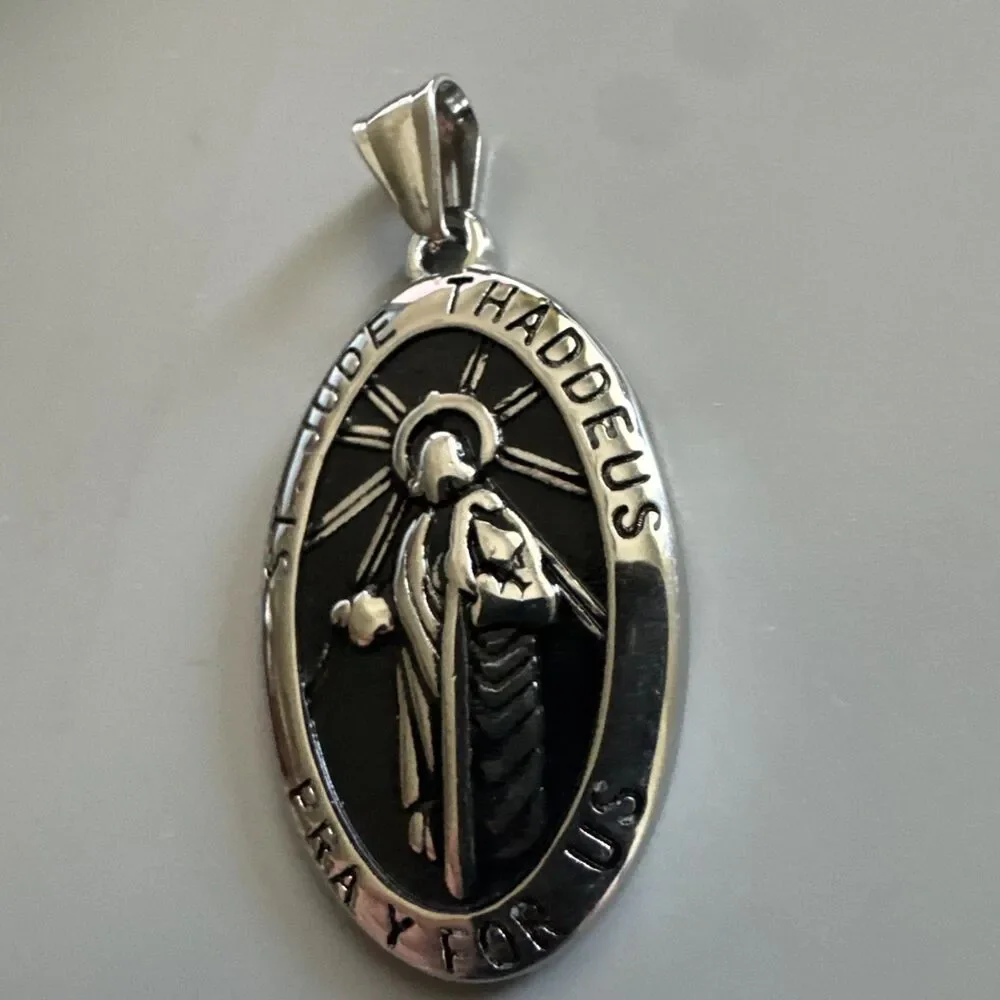 St. Jude Stainless Steel Pendant 24” Chain Religious Jesus Christ Gun Metal